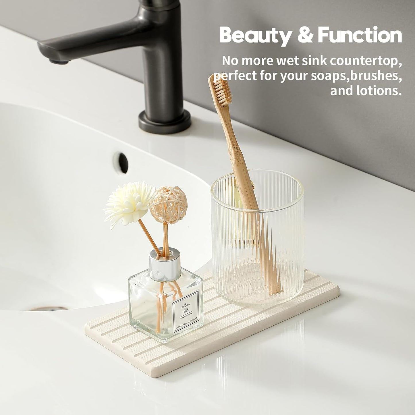 2PCS Water Absorbing Stone Drying Tray Mat for Bathroom Sink & Kitchen Counter Faucet Organizer, Quick Dry Dish Rack Soap Dispenser Sponge Holder, Vanity Sink Caddy Bar Coaster, Ivory White 8“x 4”