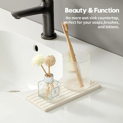 2PCS Water Absorbing Stone Drying Tray Mat for Bathroom Sink & Kitchen Counter Faucet Organizer, Quick Dry Dish Rack Soap Dispenser Sponge Holder, Vanity Sink Caddy Bar Coaster, Ivory White 8“x 4”