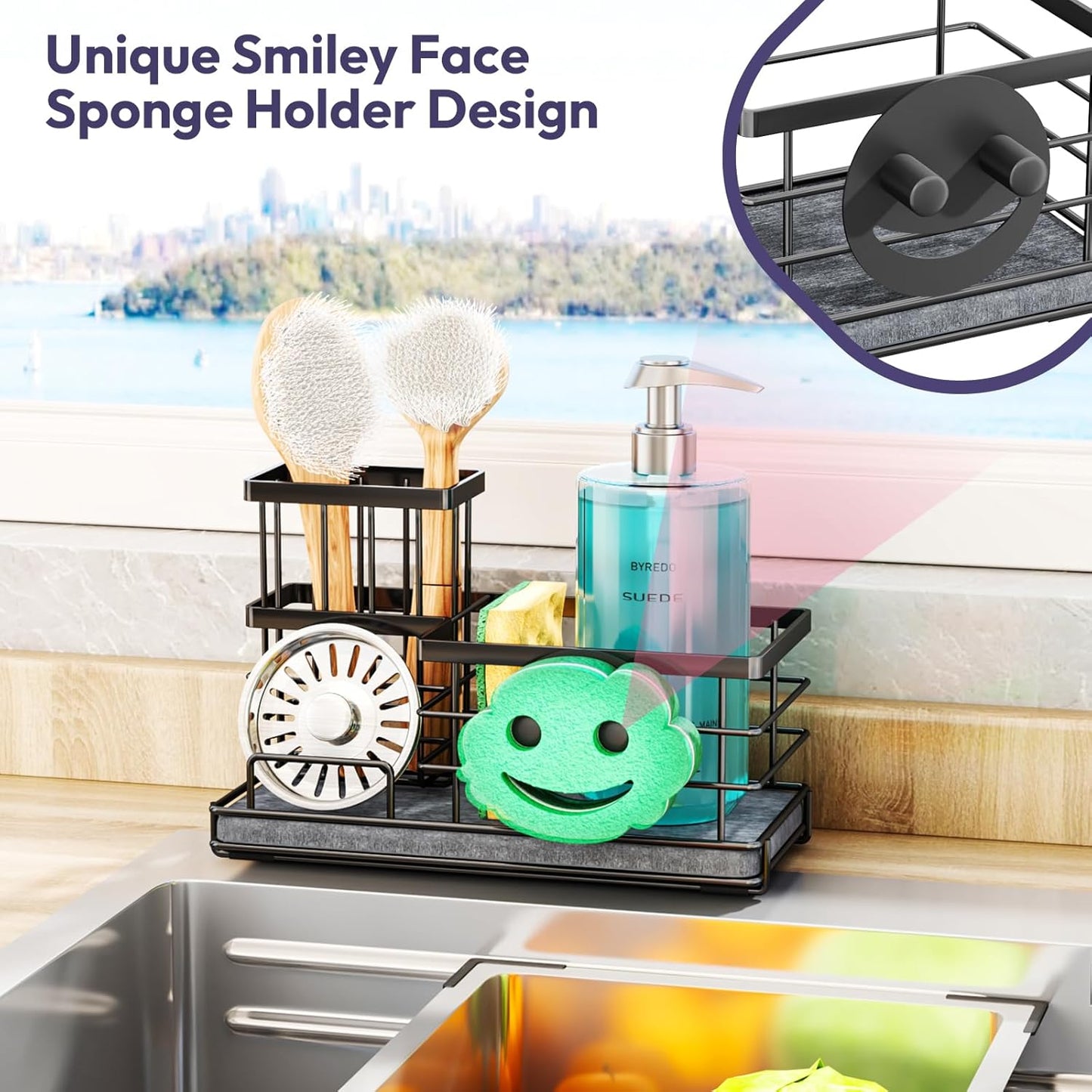 SWTYMIKI Sponge Holder for Kitchen Sink - 2 Tier Rustproof Sink Caddy with Instant Drying Stone, Removable Dish Brush Holder, Stainless Steel Kitchen Caddy for Coutertop Storage Accessories