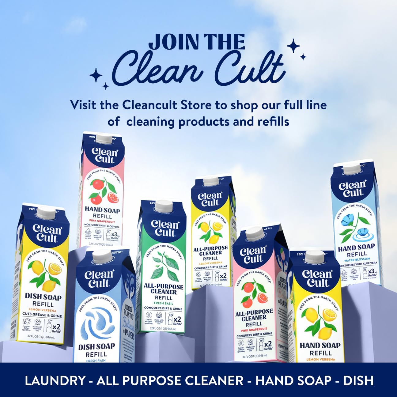 Cleancult Dish Soap Liquid Refill (32oz, 3 Pack) - Plant Based Cleaning Power - Dish Soap that Cuts Grease & Grime - Free of Harsh Chemicals - Uses 90% Less Plastic - Fresh Rain