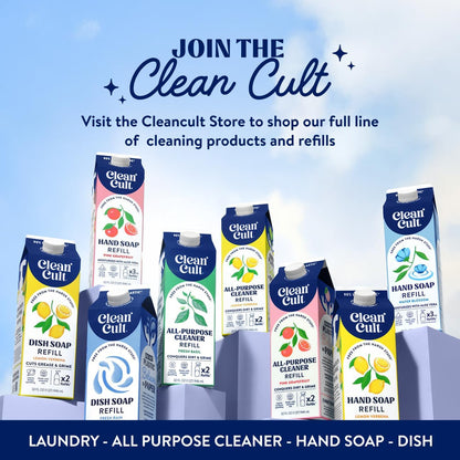 Cleancult Dish Soap Liquid Refill (32oz, 3 Pack) - Plant Based Cleaning Power - Dish Soap that Cuts Grease & Grime - Free of Harsh Chemicals - Uses 90% Less Plastic - Fresh Rain
