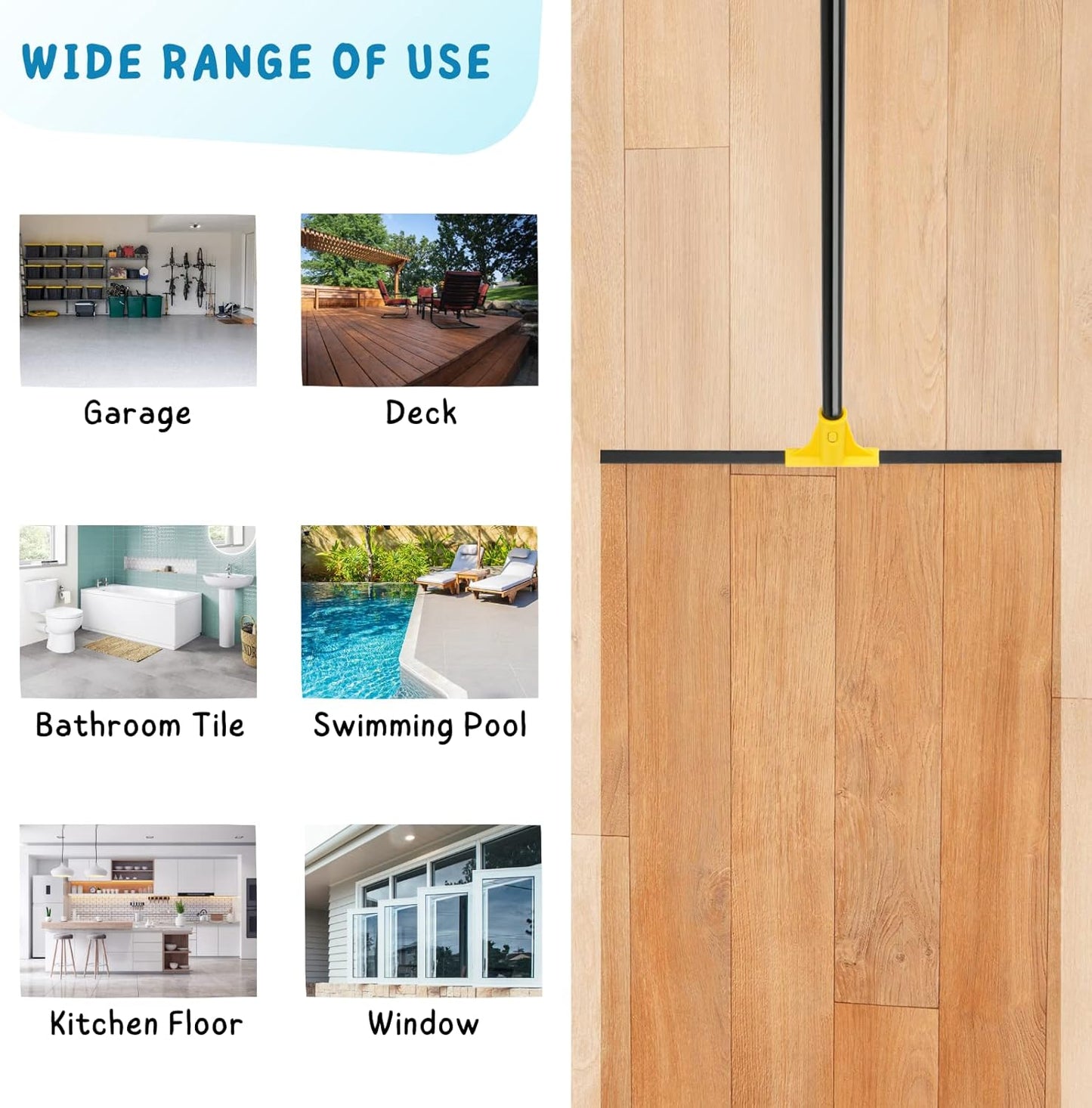 Floor Squeegee for Concrete and Tile Cleaning, 24'' Rubber Wiper Broom, Large Heavy Duty Water Scraper with 60'' Long Handle for Garage, Deck, Bathroom, Shower Glass, Window