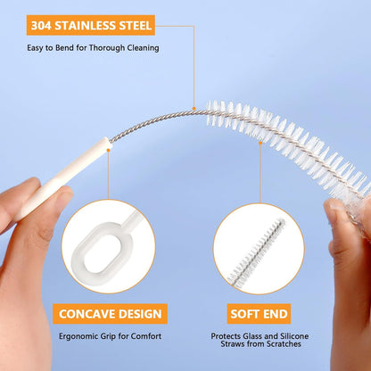 Straw Cleaner Brush Set, 5 Pcs Multi-Size Flexible Cleaning Brushes with Holder Ring, Long Pipe Cleaners for Reusable Straws, Water Bottles, Tumblers and Sippy Cups, White