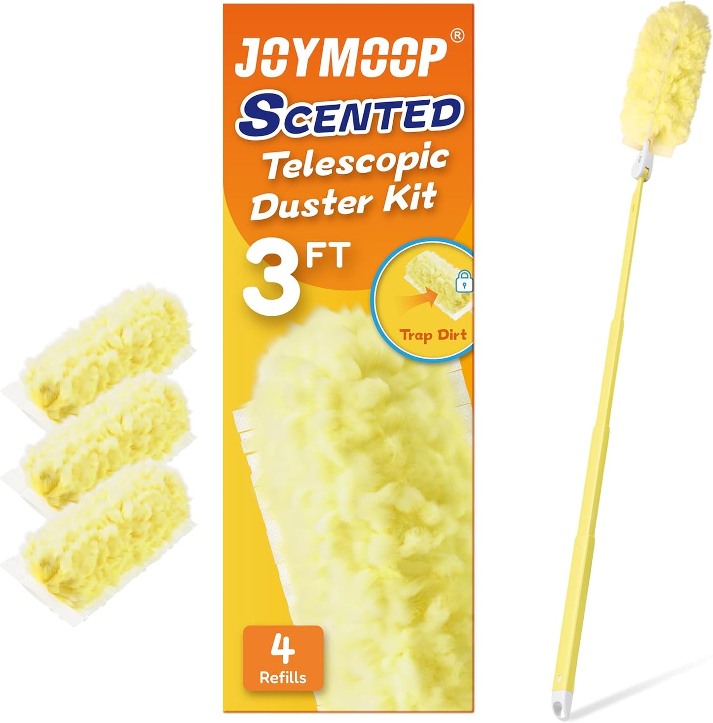 JOYMOOP Scented Telescopic Duster kit, 3FT Extendable Handle (Yellow) + 24 Yellow Refills for Swiffer Feather Duster,Easy Cleaning for Ceilings, Ceiling Fans, Blinds, Vents & Shelves