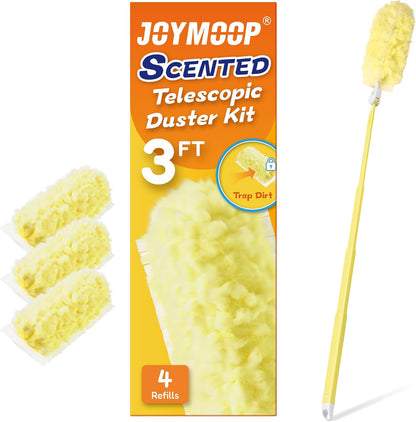 JOYMOOP Scented Telescopic Duster kit, 3FT Extendable Handle (Yellow) + 24 Yellow Refills for Swiffer Feather Duster,Easy Cleaning for Ceilings, Ceiling Fans, Blinds, Vents & Shelves