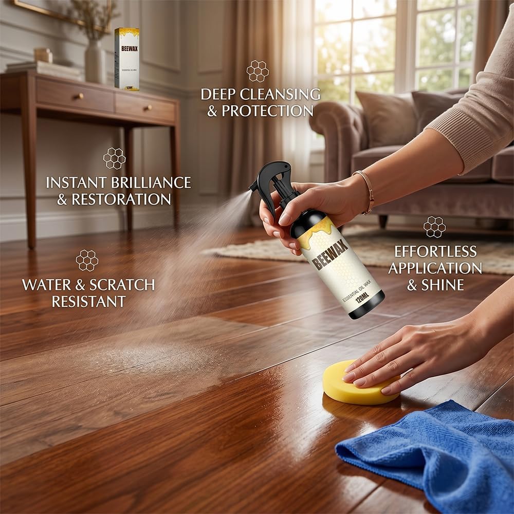 2 PCS Beeswax Wood Polish Spray: Natural Beeswax Furniture Polish and Cleaner - Wood Care Spray for Cabinets, Tables, Floors - Wood Conditioning Polish Kit with Sponge & Cloth (2)