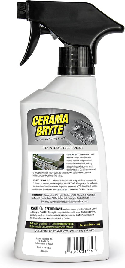 Cerama Bryte High Strength Protective Stainless Steel Appliance Cleaner & Polish Spray with Mineral Oil - 16 oz, Includes Large Microfiber Cloth