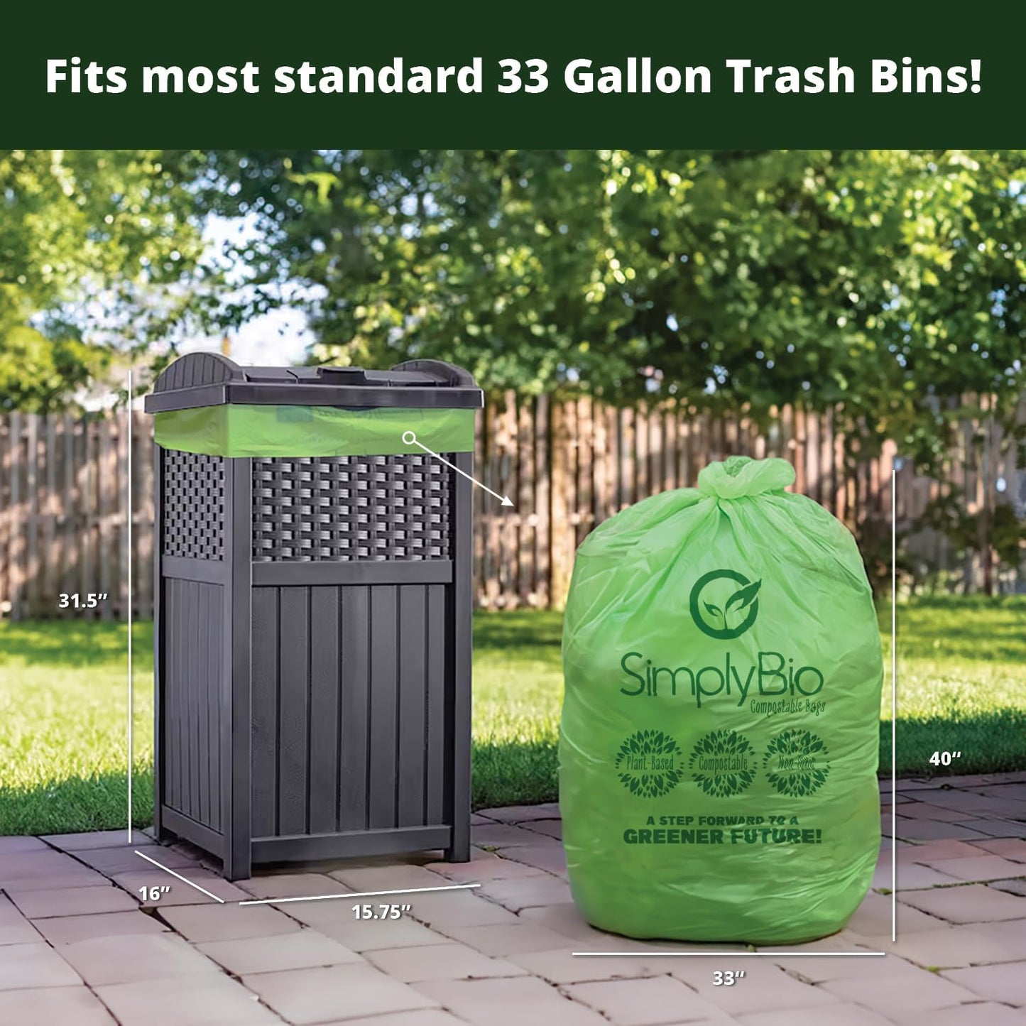 Simply Bio 60-65 Gallon Compostable Trash Bags Liners Flat-Top, Heavy Duty Extra Thick 2 Mil, 242.27 Liter, 12 Bags, Lawn, Yard, and Restaurant Use, ASTM D6400, US BPI, OK Compost Home Certified