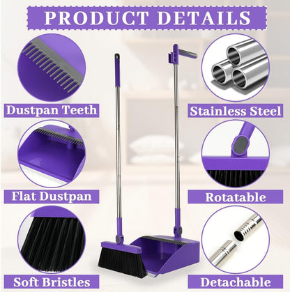 2-in-1 Broom with Dustpan Combo Set,Long Handle Broom Dustpan Combo with Dustpan Teeth to Automatically Clean Hair for Home, Indoor or Outdoor Cleaning Hall Floor (Gray)