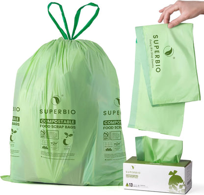 SUPERBIO 4 Gallon Compostable Drawstring Food Scrap Bags,15.1 Liter, 40 Count, 0.9 Mil,Heavy Duty Waste Bags, BPI, Seedling and OK compost INDUSTRIAL