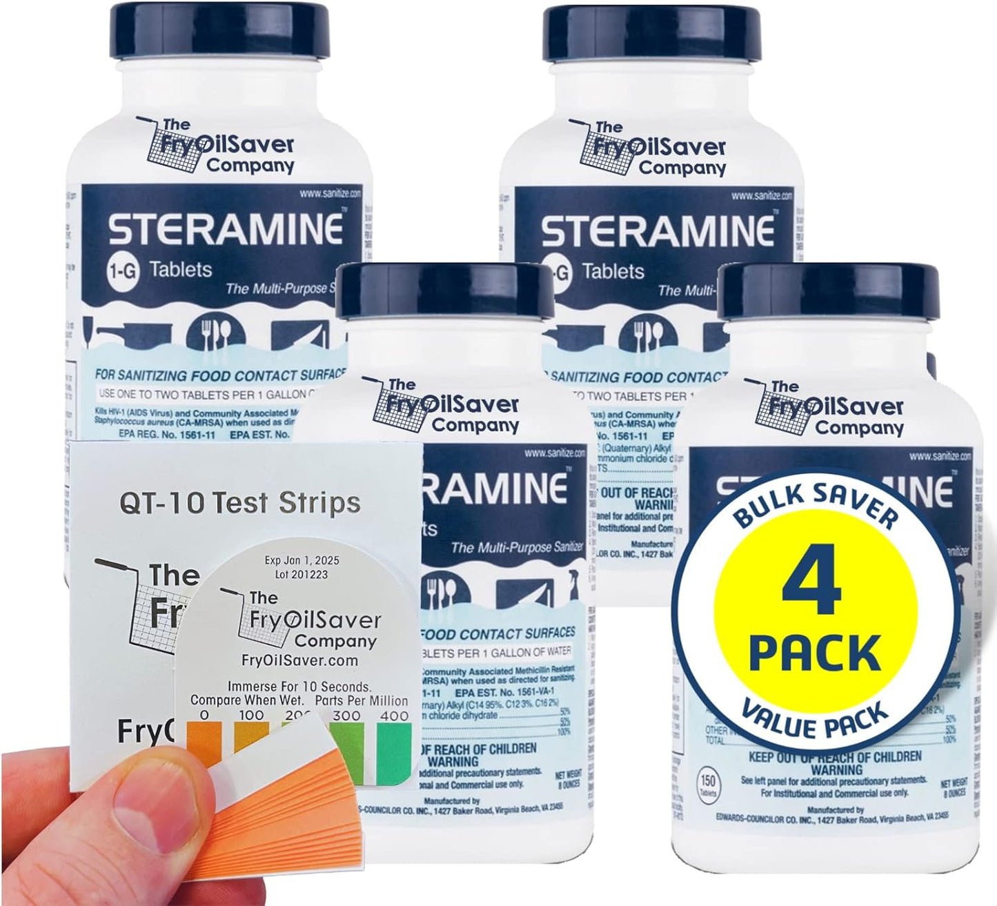 1 Bottle Steramine Sanitizer Tablets w/15x QT-10 Test Strips - Multi Purpose Steramine Sanitizing Tablets for Food Contact Surface, Kitchen, Restaurant, Food Service by FryOilSaver (150 Count)