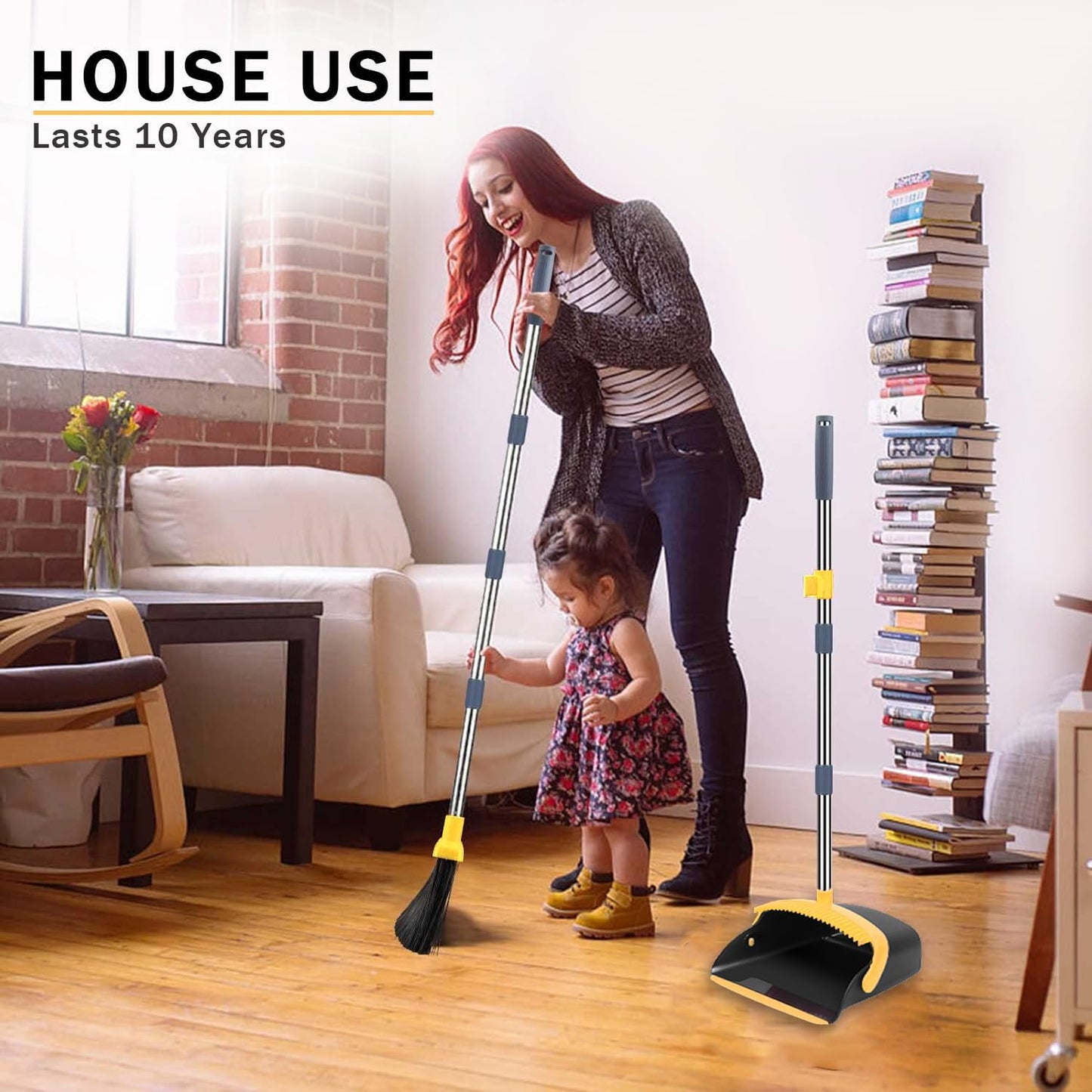 2-Pack is More economical,Brooms with Dustpan Combo Set， with 52" Long Handle, Dustpan Teeth with self-Cleaning Function, Indoor and Outdoor Sweeping, Perfect for Home Office (Large/Red /2-Pack)