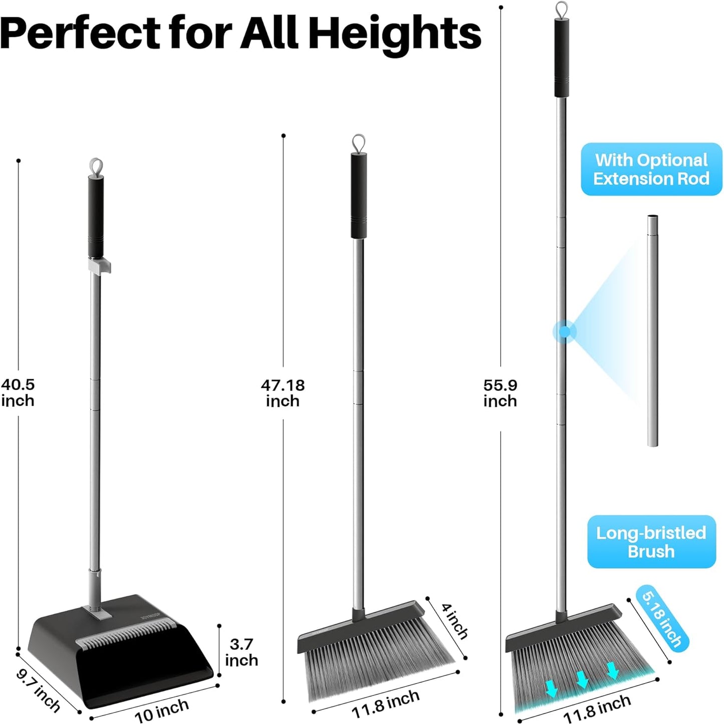 JOYMOOP White Broom and Dustpan Set, Upright Angle Design with Built-in Comb Teeth for Kitchen, Office, Pet Hair, Hard Floors