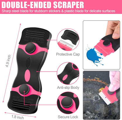 NECAMOCU 4 Pack Razor Blade Scraper, Premium Cleaning Scraper Tool with 50 PCS Metal & Plastic Razor Blades, Multi-Purpose Glass Scraper for Windows, Sticker, Decals, Cooktop, Paint Removal (Pink)