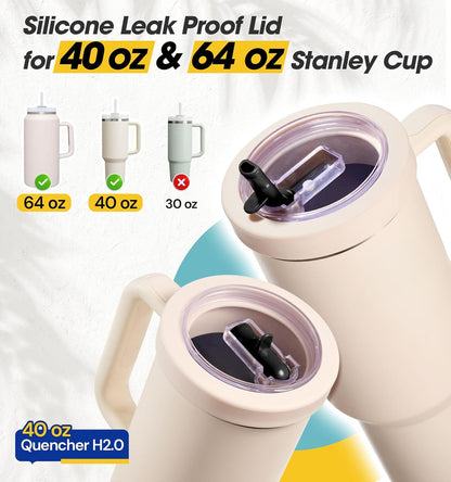 40 Oz Tumbler Flip Straw Lid Compatible with Stanley Quencher Cup, Anti Spill Replacement Cup Covers, Durable Silicone Leak Proof Lids with Cleaning Brush Set for Travel Storage