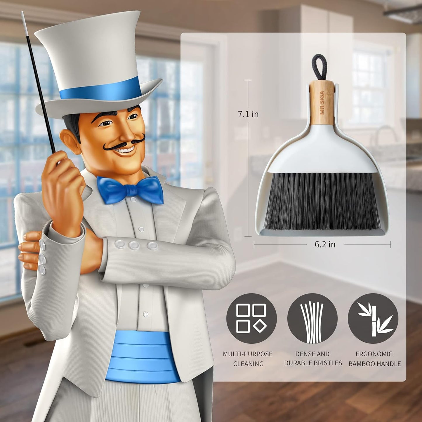 MR.SIGA Mini Dustpan and Brush Set, Portable Cleaning Brush and Dustpan Combo with Bamboo Handle, Black, 1 Set