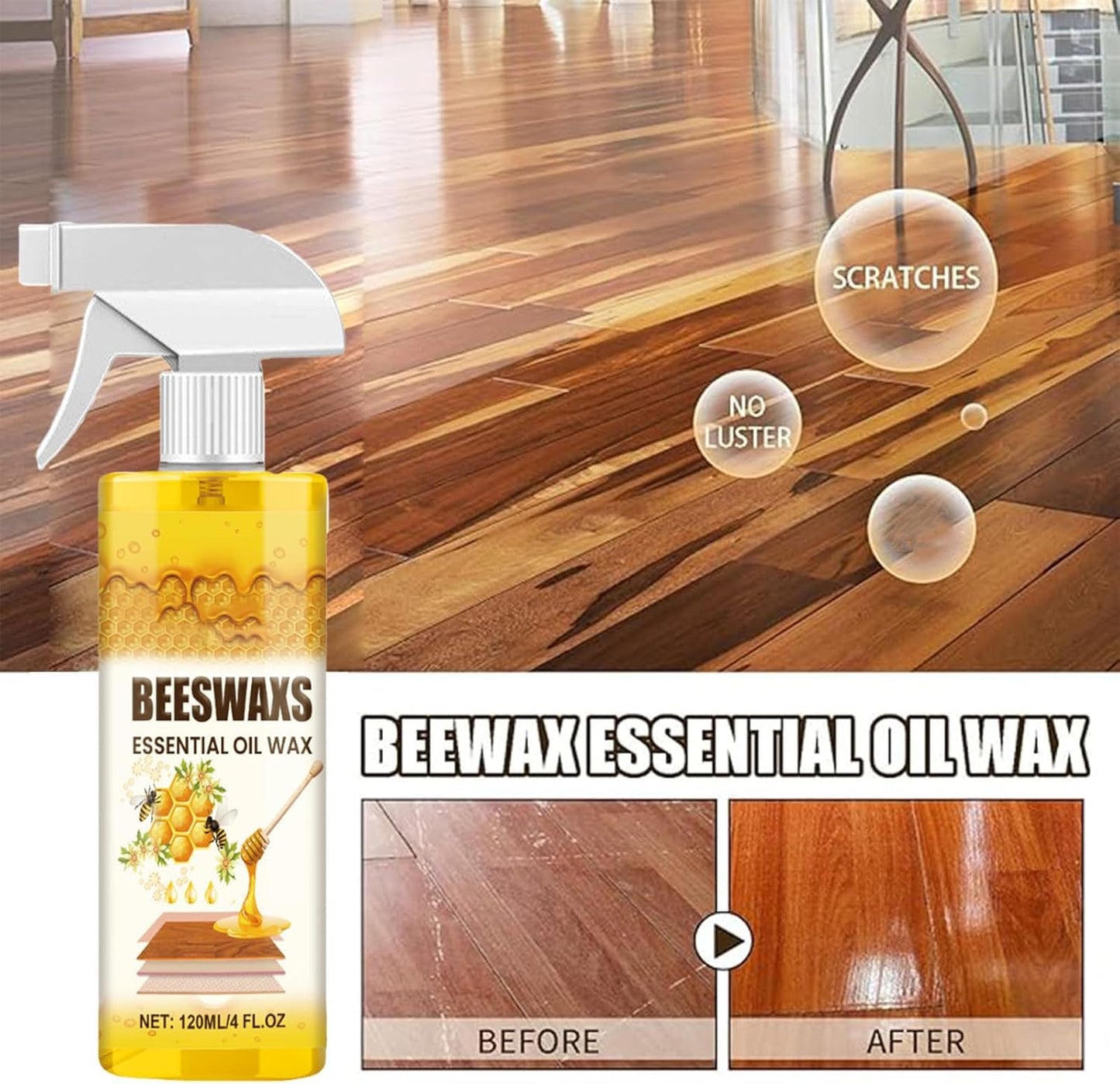 Quatrel Beeswax Wood Polish Spray,Beeswax Essential Oil Wax,Bee S Wax Polish And Cleaner,Natural Wood Polish Spray For Living Rooms,Kitchens,Wood Furniture Floors (2PCS)