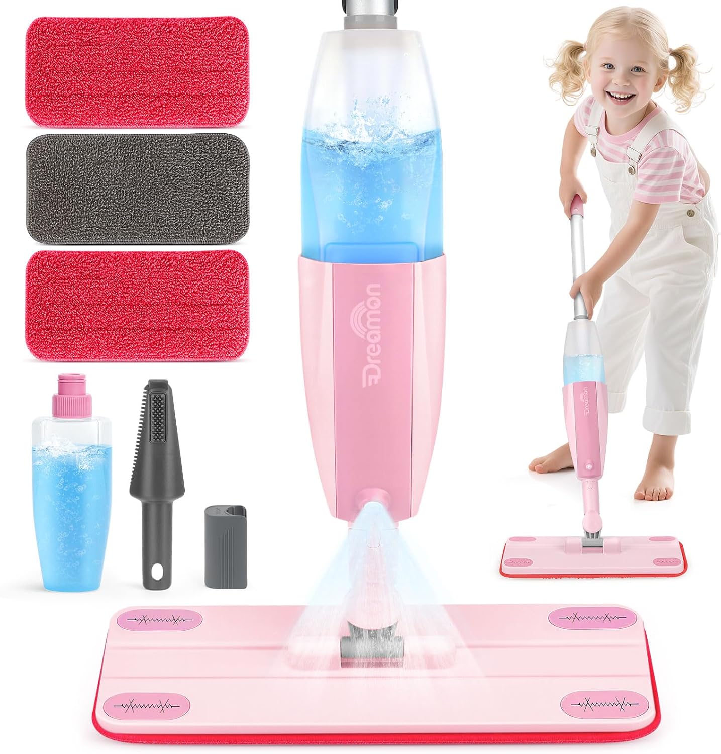 Dreamon Kids Spray Mop - Real Working Toddler Cleaning Set with Water Sprayer & 3 Washable Mop Pads & Scraper, Pretend Play Montessori Housekeeping Toys Gifts for Toddlers Kids Girls Boys(Blue)