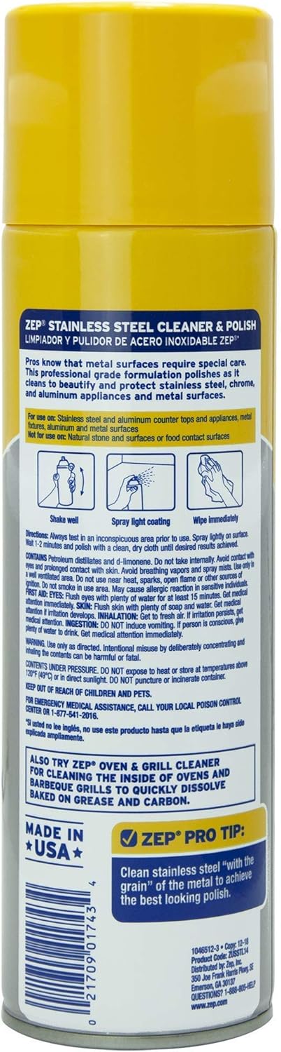 Zep Stainless Steel Cleaner and Polish 14 ounces (Case of 4) ZUSSTL14 - Protects Metal Surfaces from Fingerprints, Soil and Waterspots