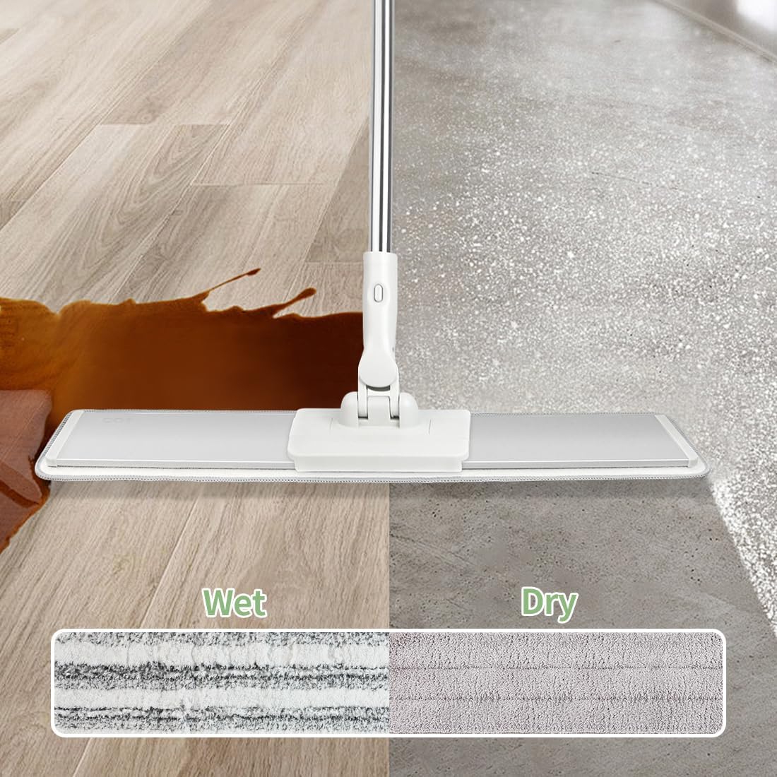 CQT Commercial Flat Microfiber Floor Mop Cleaning System 20" Inch Wet Dry and Dust Hardwood with 4 Washable Pads Cleaner for Laminate Tile Stainless Steel Handle and Extension (White)