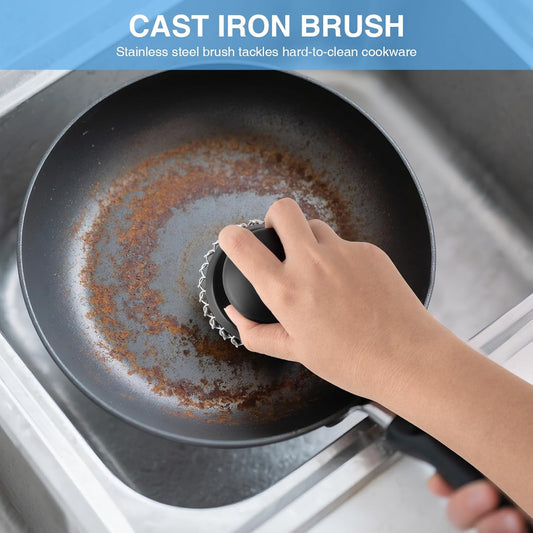 Cast Iron Scrubber Cleaner, Chainmail Scrubber for Cast Iron Pan Skillet, Dish Scouring Pad, 316 Stainless Steel Brush/Scraper for Metal Skillet Scrubbing, Wok, Dutch Oven Cleaning Kit - Thin Mesh