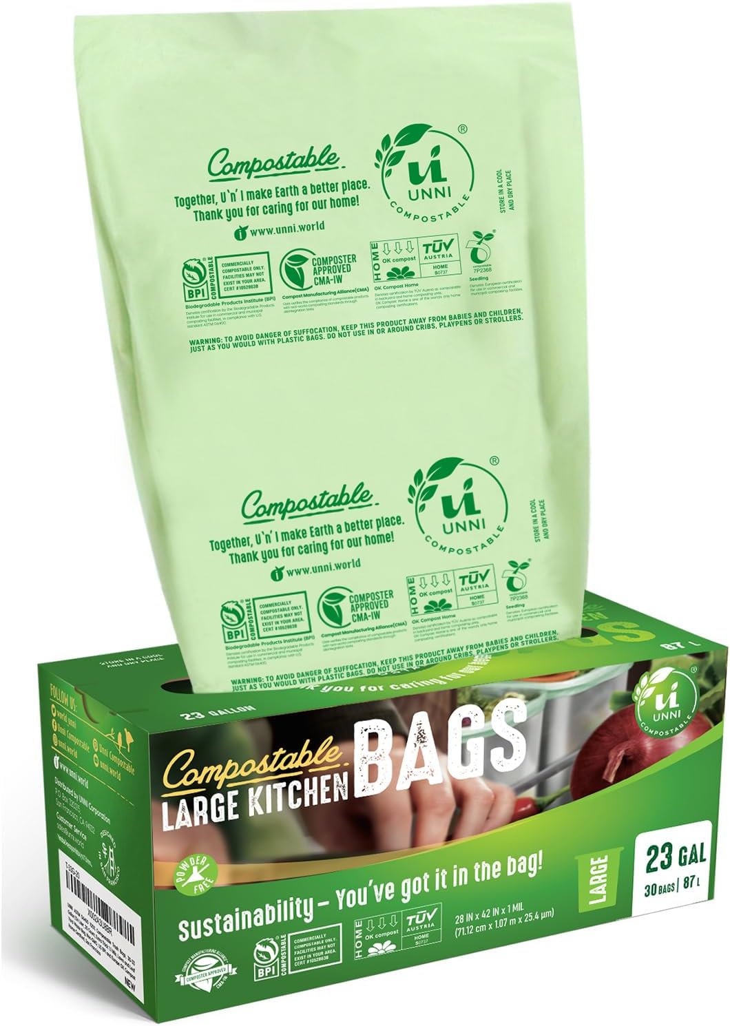 UNNI Compostable Trash Bags, 13 Gallon / 49.2 Liter, 50 Count, Extra Thick 0.9 Mil Tall Kitchen Food Scrap Bin Liners, Certified by BPI, CMA & OK compost HOME, Meets the ASTM D6400 Standard