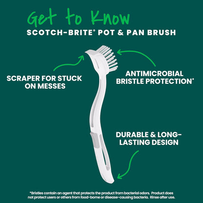 Scotch-Brite Handy Brush, Small and Durable Dish Brush with Handle for Scrubbing Hard-to-Reach Cookware, Tubs, Sinks, Car Tires, and More without Scratching, Antimicrobial, and Rinses Clean