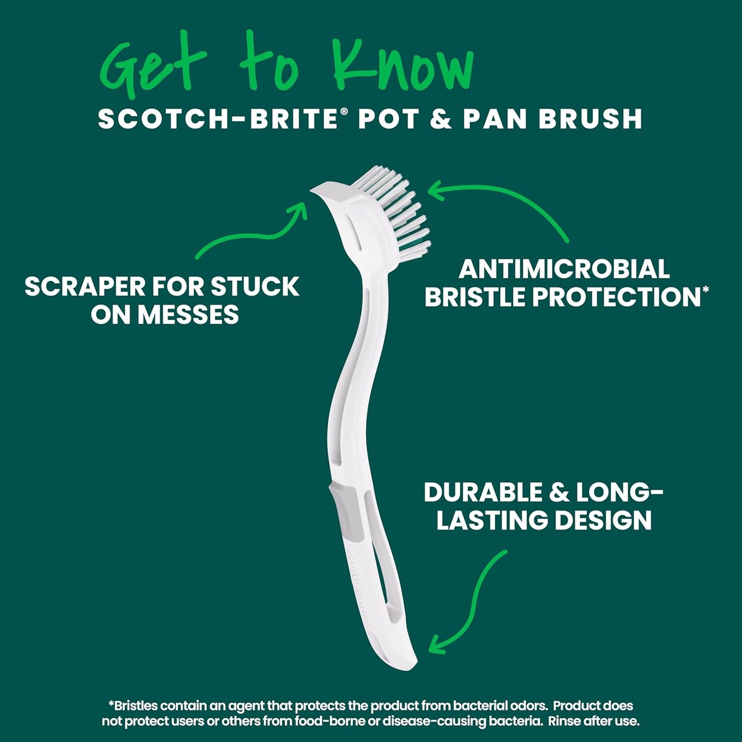 Scotch-Brite Handy Brush, Small and Durable Dish Brush with Handle for Scrubbing Hard-to-Reach Cookware, Tubs, Sinks, Car Tires, and More without Scratching, Antimicrobial, and Rinses Clean