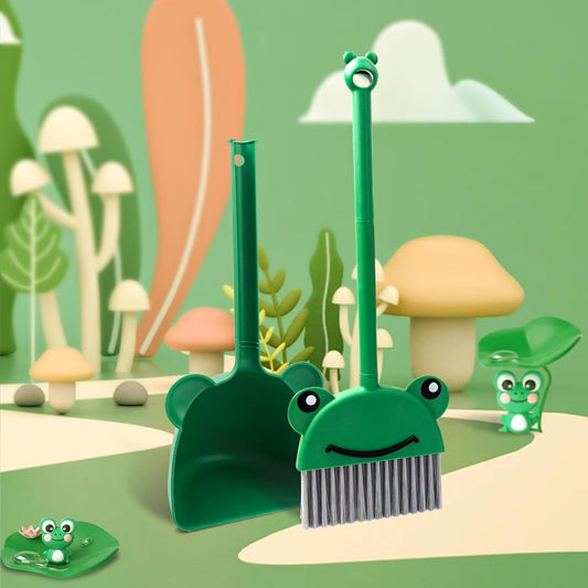 Children's Small Broom Dustpan Set Green Frog Mini Household Cleaning and Pretend Play Set