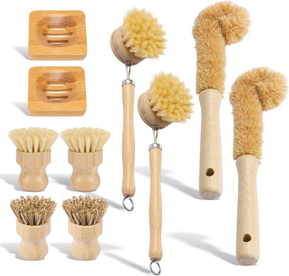 Bamboo Dish Brush Set, 5 Pcs Wooden Kitchen Scrubber – Long Handle Dish & Cup Brush, Short Handle Sisal & Coarse Brown Brush, Includes Square Tray, Ergonomic Natural Cleaning Kit for Pots Pans Bottles
