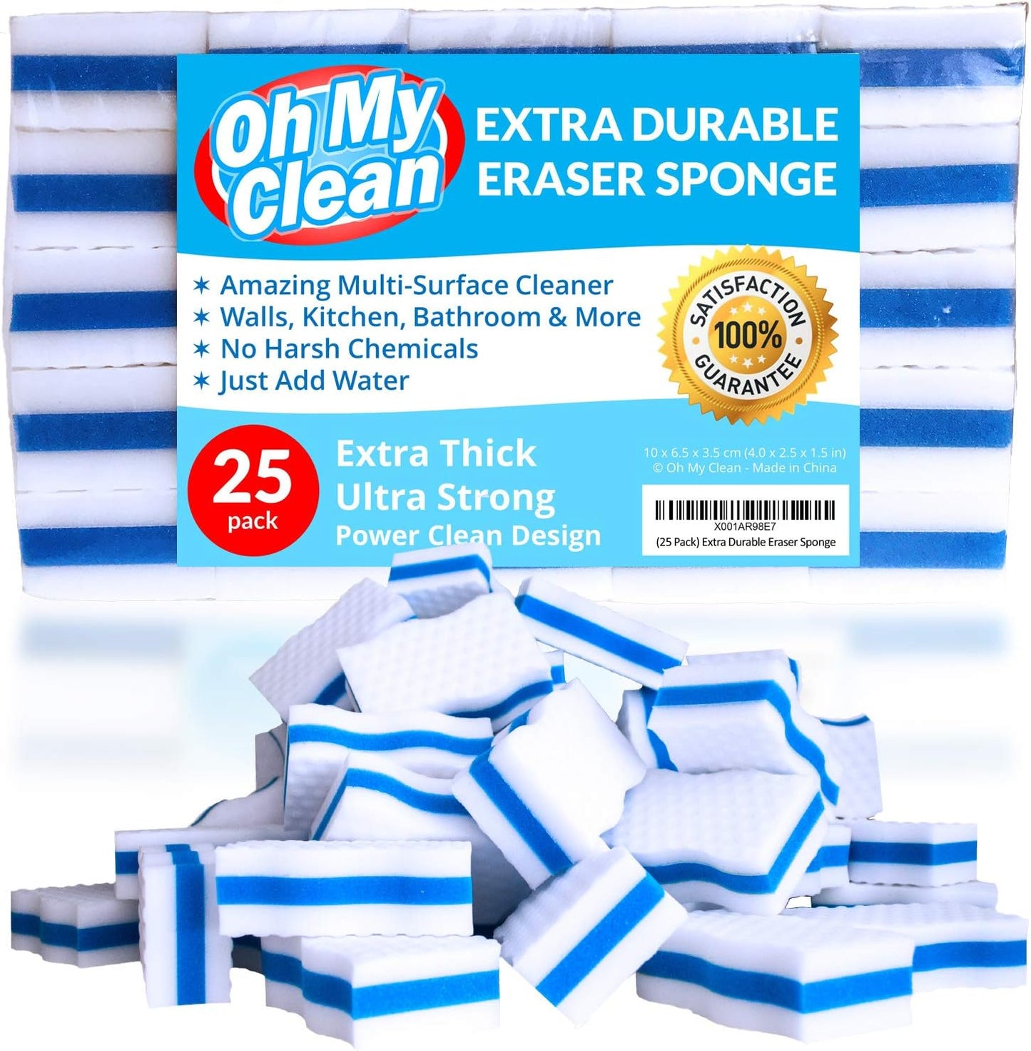 (25 Pack) Extra Durable Eraser Sponge – Extra Thick, Long Lasting Magic Melamine Cleaning Sponges in Bulk – Foam Pads for Walls, Kitchen, Bathroom, Floor & Baseboard Cleaner