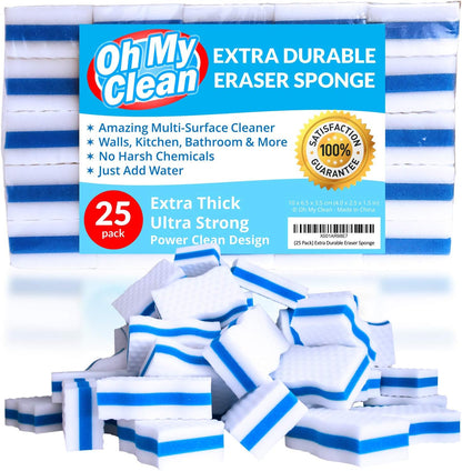 (25 Pack) Extra Durable Eraser Sponge – Extra Thick, Long Lasting Magic Melamine Cleaning Sponges in Bulk – Foam Pads for Walls, Kitchen, Bathroom, Floor & Baseboard Cleaner