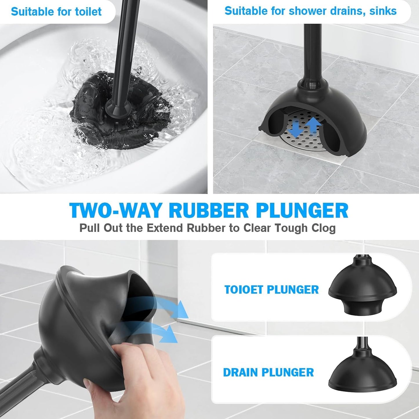 Toilet Plunger and Brush Set, Bowl Brush and Heavy Duty Toilet Plunger with Ventilated Holder, 2-in-1 Toilet Brush and Plunger Combo for 5.3-inch Toilet Drain Bathroom Deeply Cleaning(White & Grey)