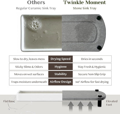 2PCS Water Absorbing Stone Soap Tray for Kitchen Bathroom Sink, Quick Dry Diatomaceous Earth Drying Rack and Shower Caddy, Soap Dispenser and Sponge Holder Organizer for Countertop, TWINKLE MOMENT; Pure White