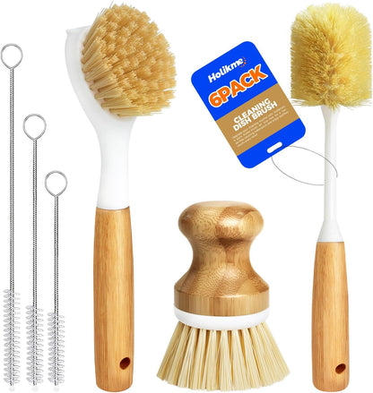 Holikme 6 Pack Dish Brush Scouring Pad Set with Bottle Brush, Dish Brush, Palm Scrub Brush and Straw Brush, Dish Scrubber Long Handle for Dish Bottle Cup Skillet Wok Pot Pan Cast Iron, Yellow