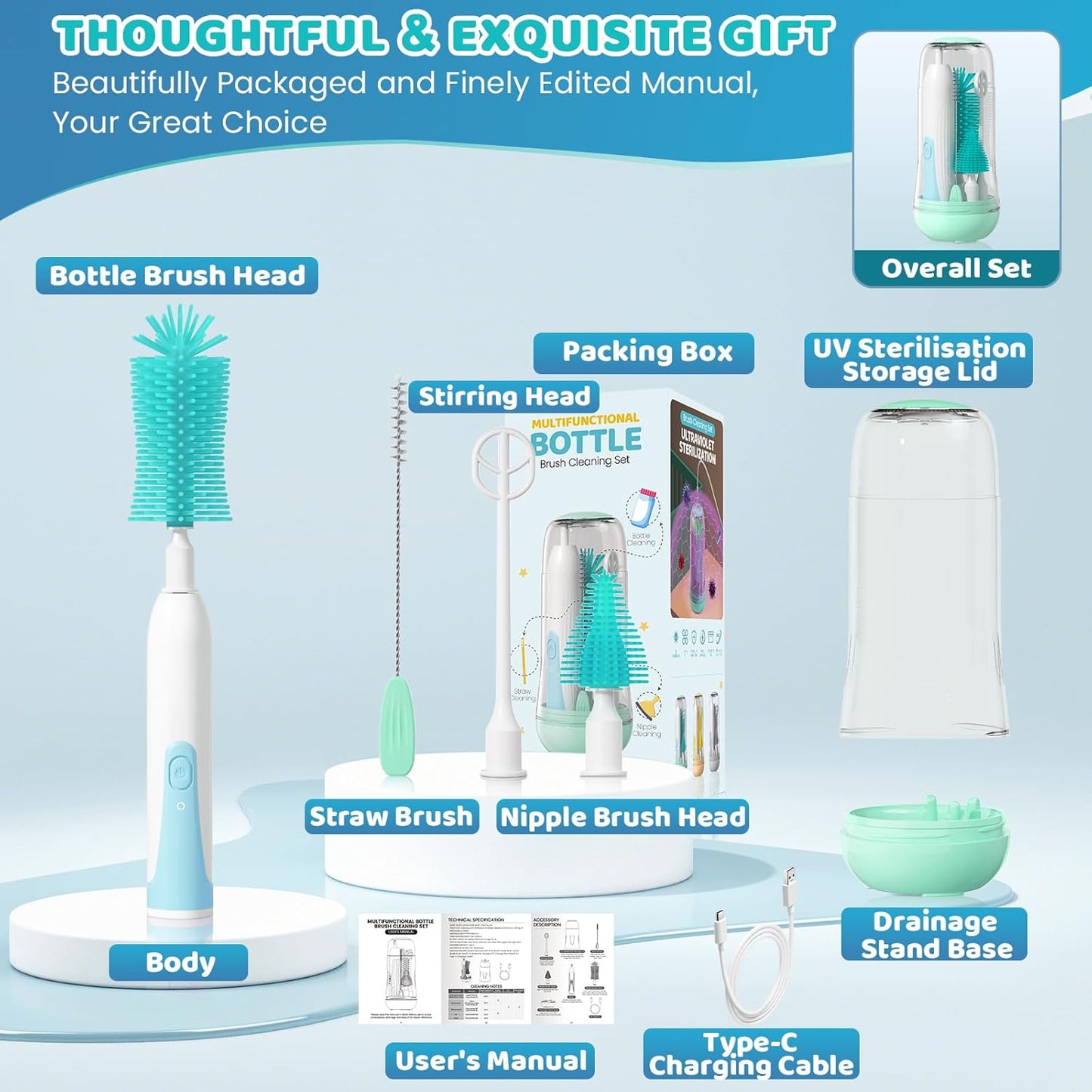 IvyWind Electric Travel Baby Bottle Brush Set with Storage Box, Automatic Bottle Cleaner Brush Kit with Silicone Bottle/Nipple/Straw Brush, Milk Frother Electric and Drainage Rack, Rechargeable, Gray