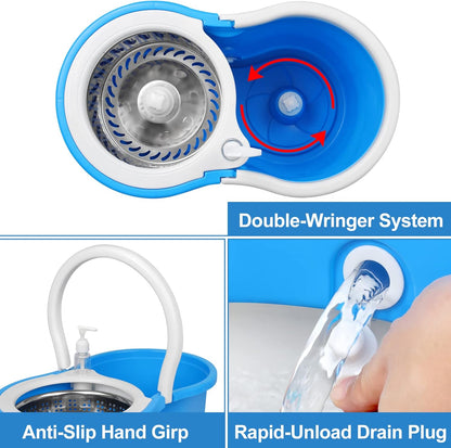 Spin Mop and Bucket with Wringer Set, 360° Spinning Mop Bucket System with 3 Microfiber Mop Replacement Heads, Adjustable Handle for Floor Cleaning (red)