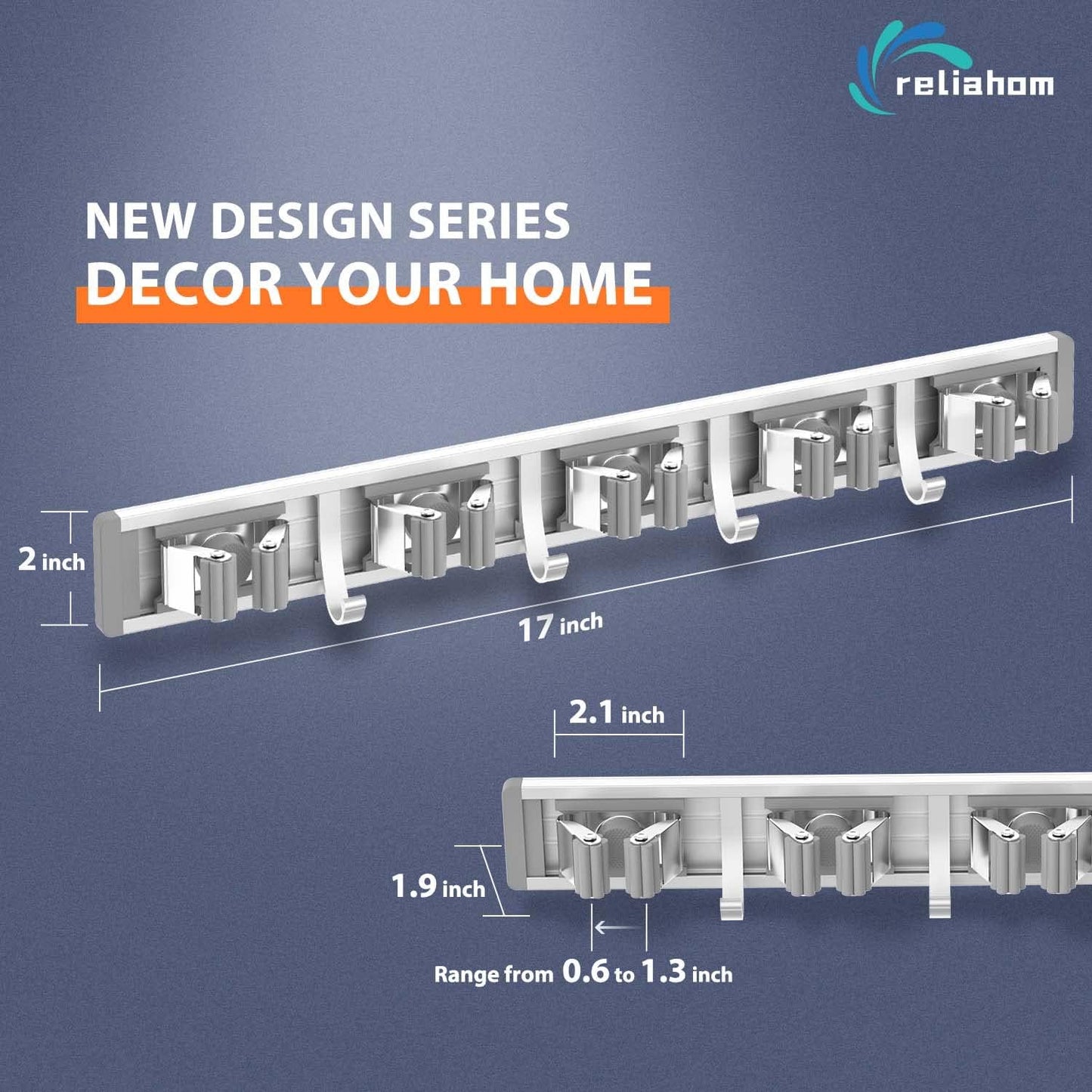 reliahom Adjustable Broom Holder Wall Mount, Mop Storage Tool Racks, Broom Hanger Tool Organizer for Garage, Kitchen, Garden, Laundry Room, 4 Racks 5 Hooks Silver