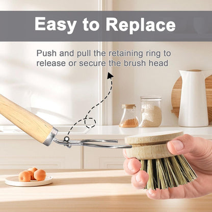 Wooden Dish Brush Set, 4 Natural Bristle Replacement Heads with 1 Sturdy Wooden Handle, Sisal Kitchen Scrub Brush for Pots, Pans, Vegetables and Cookware