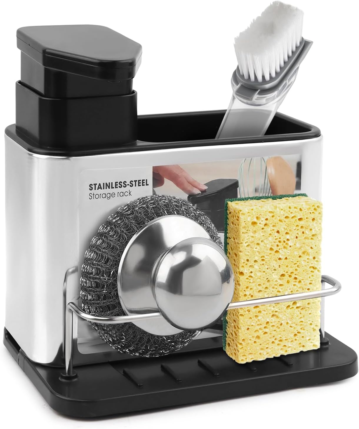 Soap Dispenser for Kitchen & Bathroom Sink, 3 in 1 Dish Soap Dispenser with Sponge Holder Dish Brush & Brush Holder, Stainless Steel Sink Caddy Organizer Kitchen Soap Dispenser Set Countertop
