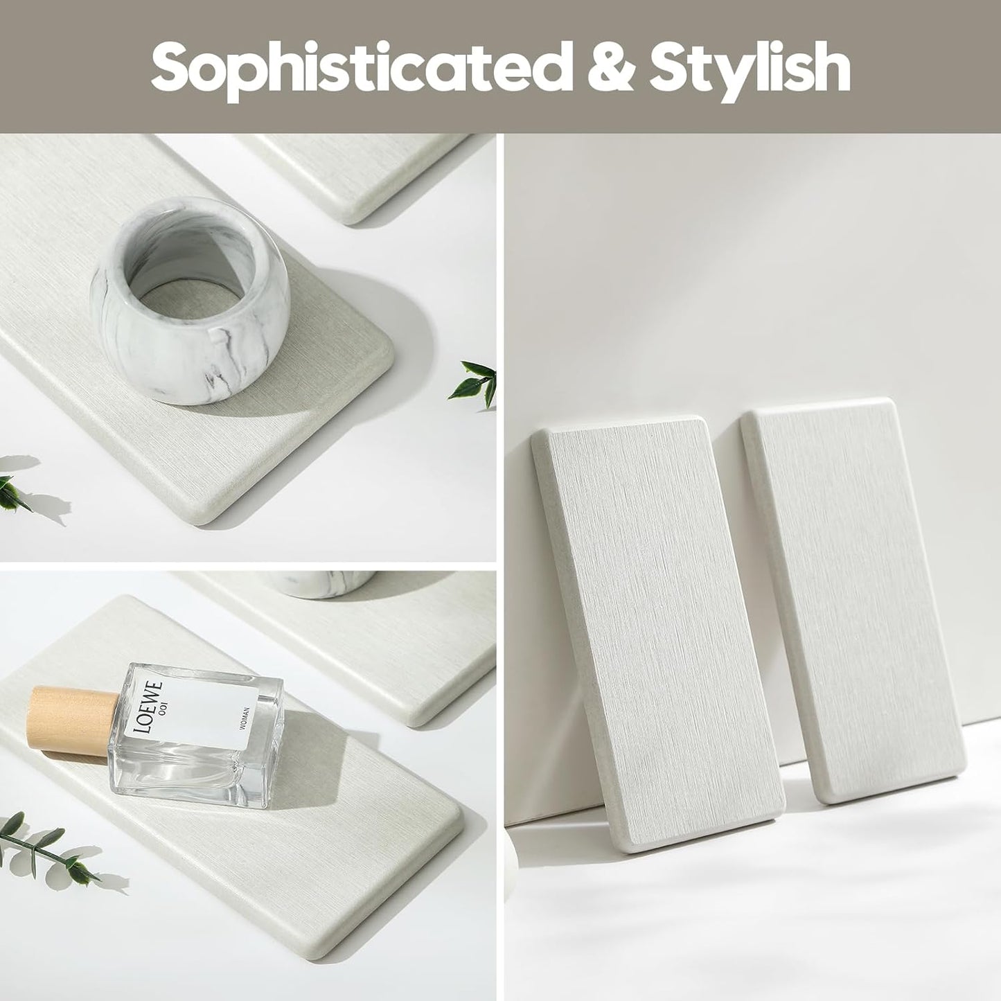 2PCS Water Absorbing Stone Drying Tray for Kitchen Counter & Bathroom Sink, Diatomite Faucet Splash Guard, Soap Dispenser Rack & Sponge Holder Caddy Organizer, Marble White (Printed Pattern), 9"x 3.5"