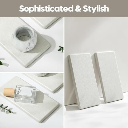 2PCS Water Absorbing Stone Drying Tray for Kitchen Counter & Bathroom Sink, Diatomite Faucet Splash Guard, Soap Dispenser Rack & Sponge Holder Caddy Organizer, Marble White (Printed Pattern), 9"x 3.5"