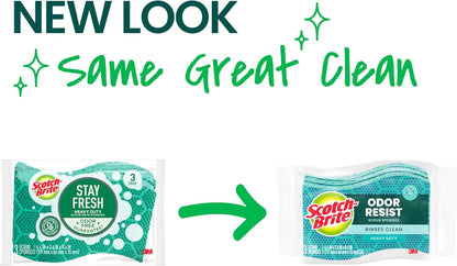 Scotch-Brite Odor Resist Heavy Duty Scrub Sponge, Dishwasher-Safe Kitchen sponges for Serious Scrubbing, Multipurpose Dish Sponge for Stuck-On Messes, 3 Scrubbing Sponges