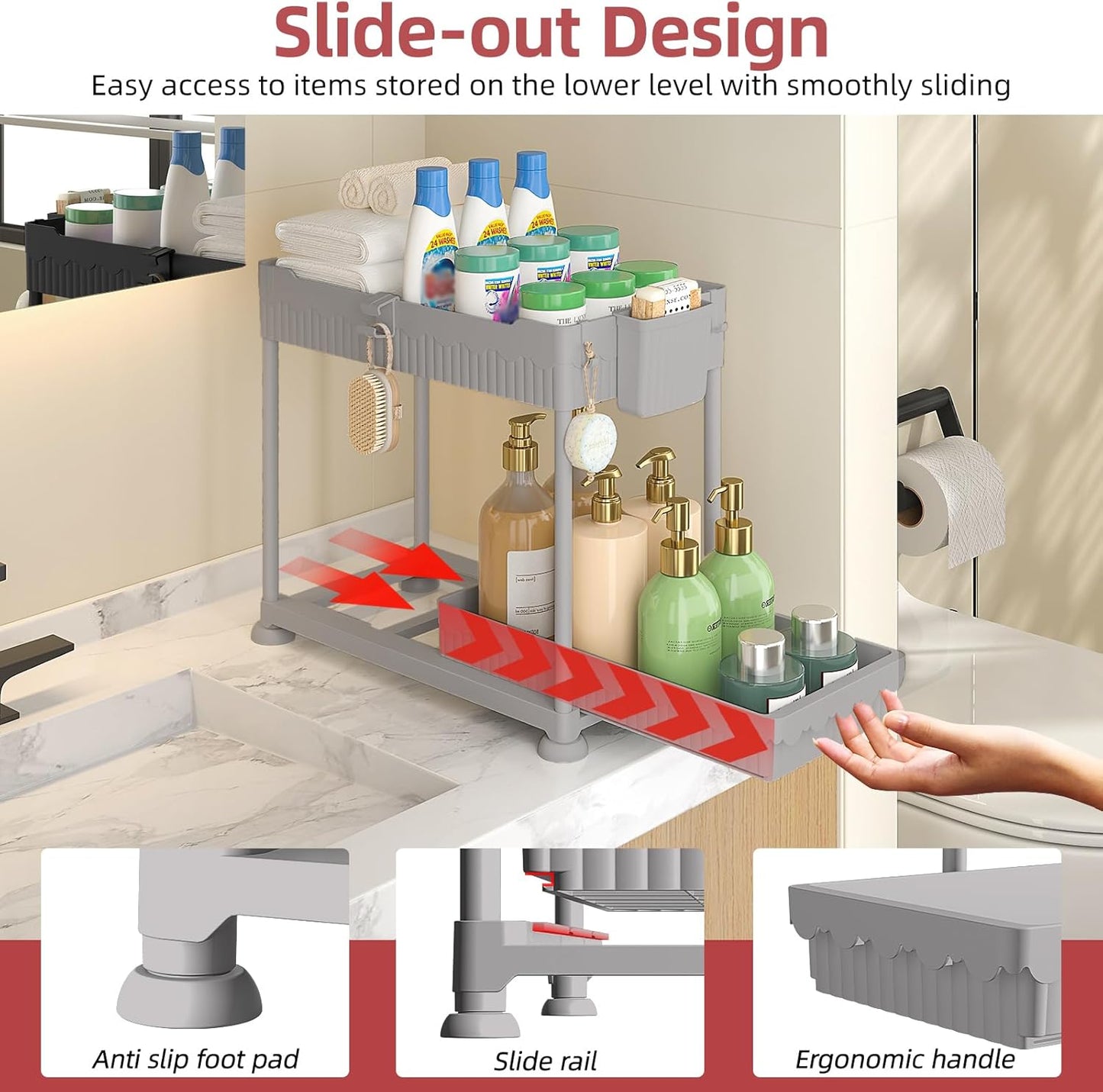 Sevenblue 4 Pack Under Sink Organizer, Bathroom Organizers and Storage, 2 Tier Multi-Use Pull Out Cabinet Organizer with Hang Hooks and Cups (Black, 4 Pack)