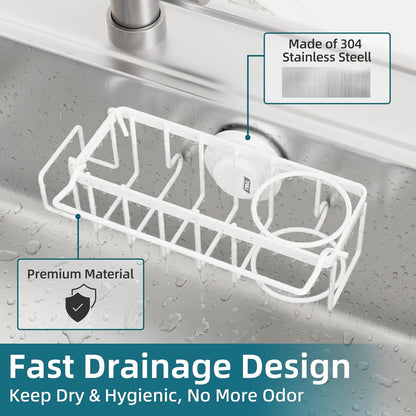 TAILI 4-in-1 Sink Caddy with Strong Suction Cup, Sponge Holder for Kitchen Sink Organizer, Removable, Rustproof, Stainless Steel Holder for Sponge, Brush, Scrubber, Scraper - Silver