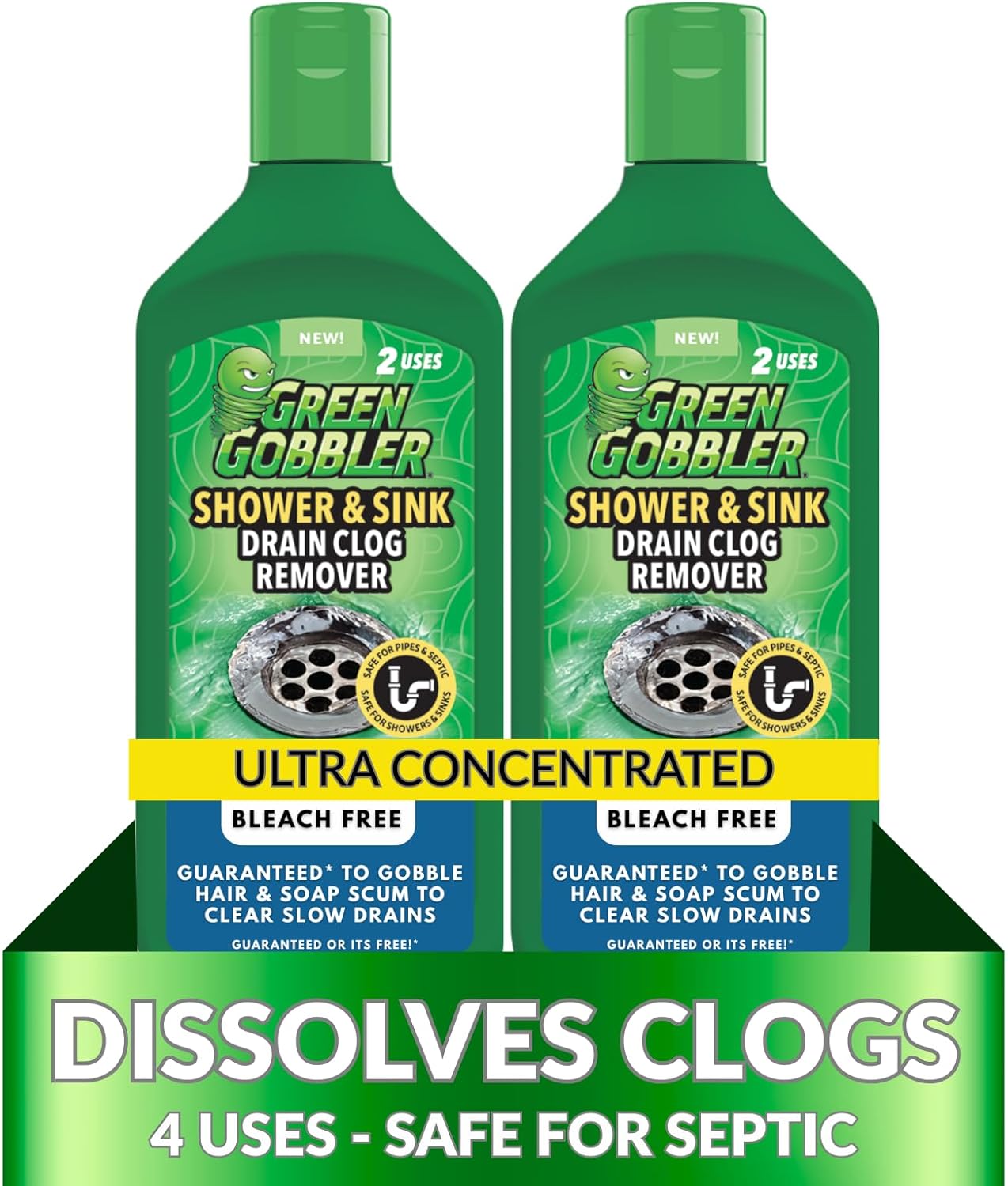 Green Gobbler Ultra Concentrated Drain Clog Remover & Cleaner | Powerful Hair, Grease & Soap Dissolver for Bathroom, Kitchen, Shower, Sink & Toilet | Safe for Pipes & Septic Systems | 2 Pack