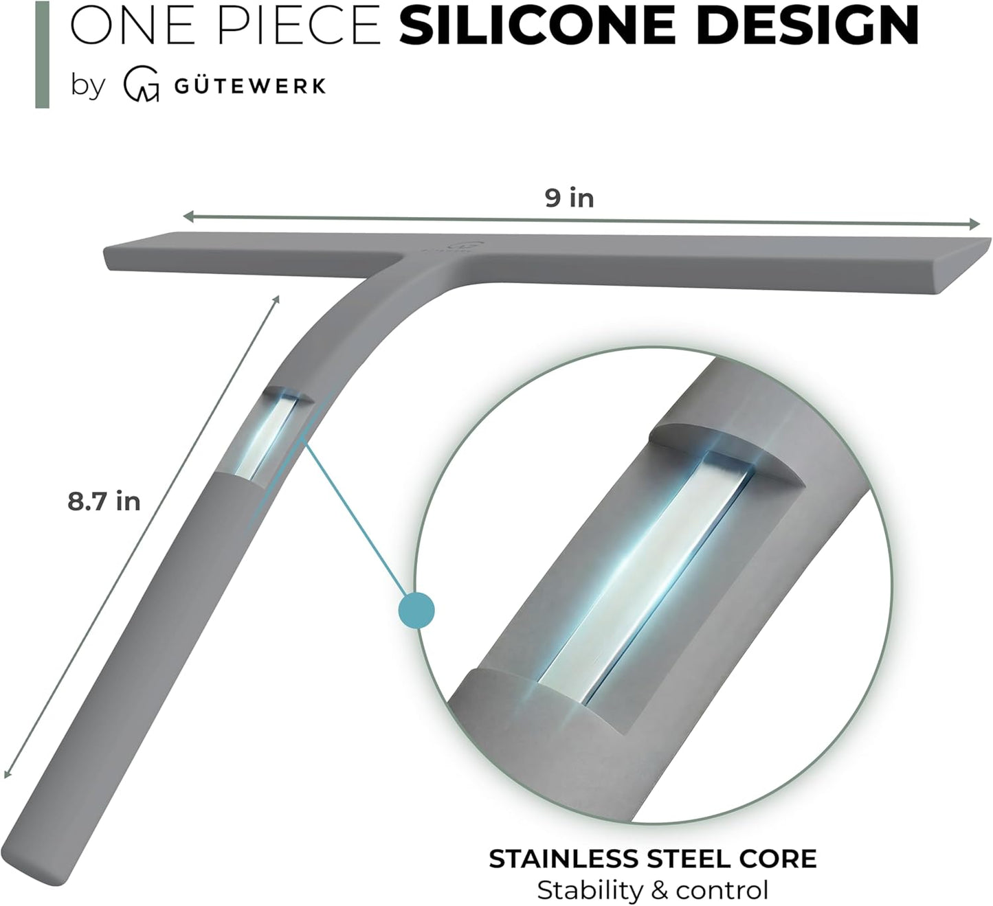 GÜTEWERK Silicone Shower Squeegee for Glass Doors & Mirrors with Stainless Steel Core, Streak-Free & No-Squeak Window Cleaning, 3-in-1 No-Drill Mount (Hook/Suction/Adhesive), Black, 9''