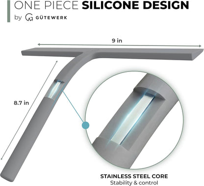 GÜTEWERK Silicone Shower Squeegee for Glass Doors & Mirrors with Stainless Steel Core, Streak-Free & No-Squeak Window Cleaning, 3-in-1 No-Drill Mount (Hook/Suction/Adhesive), Black, 9''