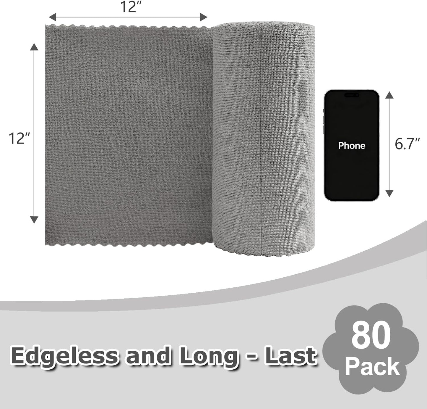 80 Pack Microfiber Cleaning Cloth Roll Reusable Paper Towels 12"x12" Tear Away Cloth, Microfiber Towels for Cars, Wash Cloths, Lint Free Dark Grey Rags for House, Kitchen,Window,Cleaning Supplies