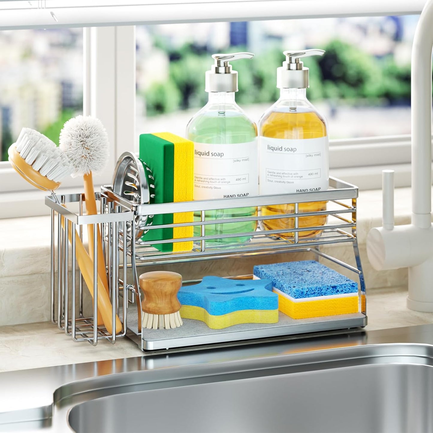 SWTYMIKI Sponge Holder for Kitchen Sink - 2 Tier Rustproof Sink Caddy with Instant Drying Stone, Removable Dish Brush Holder, Stainless Steel Kitchen Caddy for Coutertop Storage Accessories